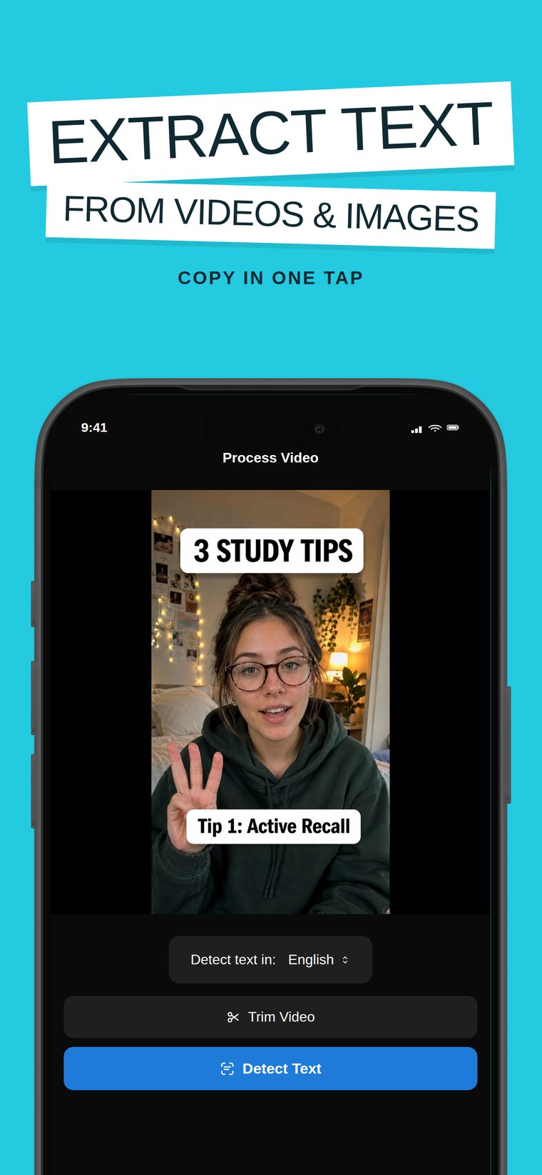 Extract text from video on iPhone: Process Video screen with language selection, trim, and Detect Text