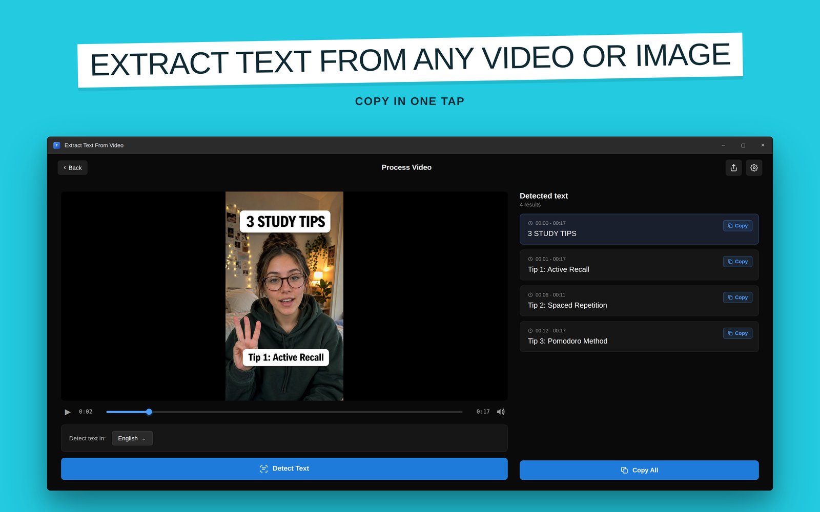 Extract text from video on Windows: detected on-screen captions listed with timestamps and one-tap Copy