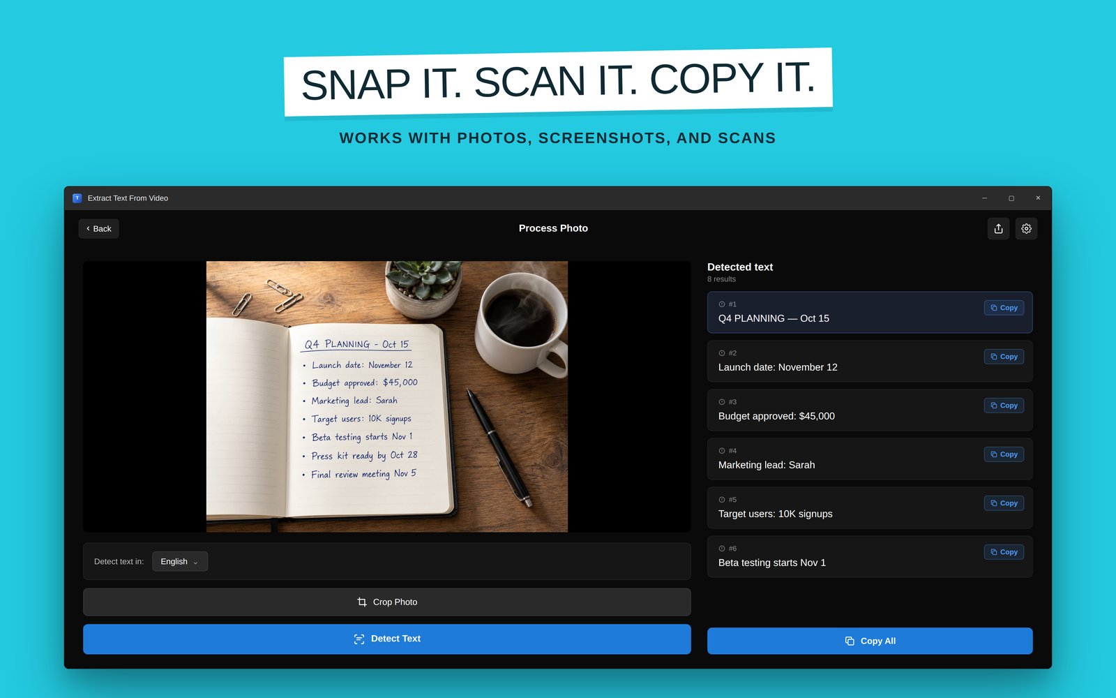 Extract text from photo: handwritten notes scanned into copyable text lines with crop tool
